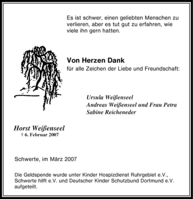  Traueranzeige für Horst Weißenseel vom 09.03.2007 aus Tageszeitung