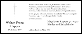 Traueranzeige von Walter Franz Klapper von Tageszeitung