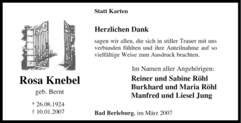 Traueranzeige von Rosa Knebel von Tageszeitung