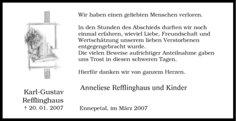  Traueranzeige für Karl-Gustav Refflinghaus vom 10.03.2007 aus Tageszeitung