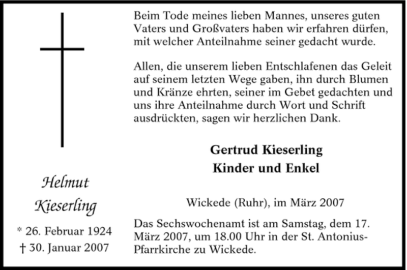  Traueranzeige für Helmut Kieserling vom 10.03.2007 aus Tageszeitung
