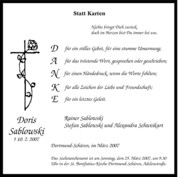 Traueranzeige von Doris Sablowski von Tageszeitung