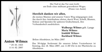 Traueranzeige von Anton Wilmes von Tageszeitung