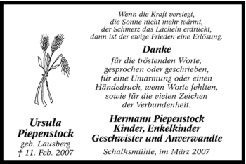 Traueranzeige von Ursula Piepenstock von Tageszeitung