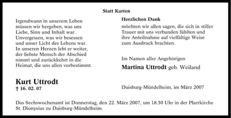  Traueranzeige für Kurt Uttrodt vom 10.03.2007 aus Tageszeitung