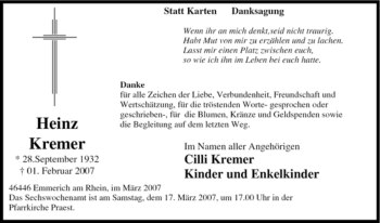 Traueranzeige von Heinz Kremer von Tageszeitung