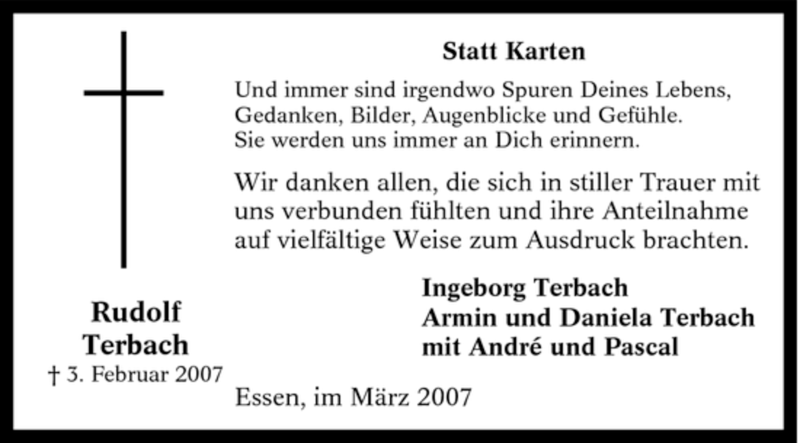  Traueranzeige für Rudolf Terbach vom 10.03.2007 aus Tageszeitung
