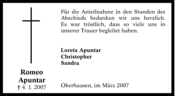 Traueranzeige von Romeo Apuntar von Tageszeitung