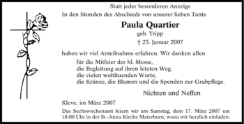 Traueranzeige von Paula Quartier von Tageszeitung