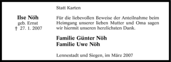 Traueranzeige von Ilse Nöh von Tageszeitung