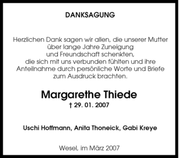 Traueranzeige von Margarethe Thiede von Tageszeitung