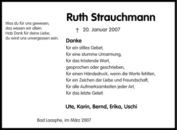 Traueranzeige von Ruth Strauchmann von Tageszeitung