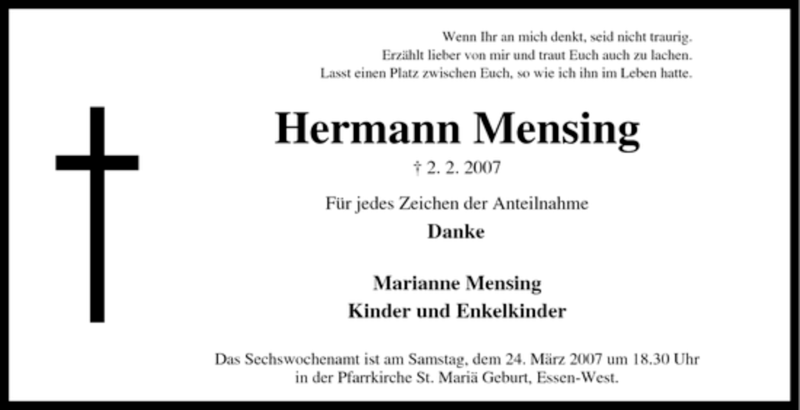  Traueranzeige für Hermann Mensing vom 10.03.2007 aus Tageszeitung