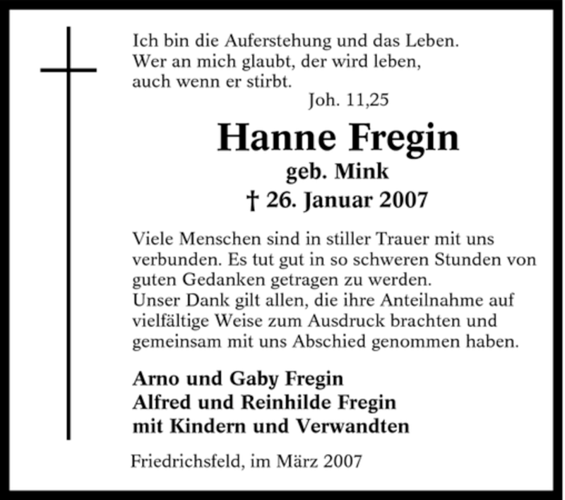  Traueranzeige für Hanne Fregin vom 10.03.2007 aus Tageszeitung