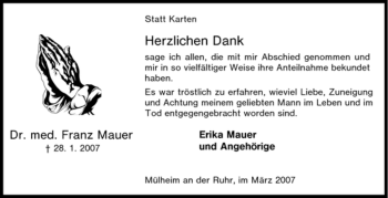 Traueranzeige von Franz Mauer von Tageszeitung