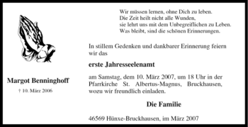 Traueranzeige von Margot Benninghoff von Tageszeitung
