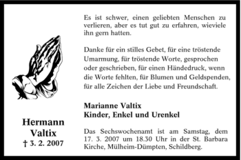 Traueranzeige von Hermann Valtix von Tageszeitung