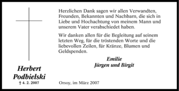 Traueranzeige von Herbert Podbielski von Tageszeitung