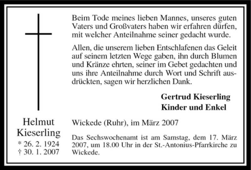  Traueranzeige für Helmut Kieserling vom 10.03.2007 aus Tageszeitung