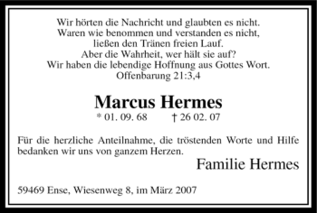 Traueranzeige von Marcus Hermes von Tageszeitung
