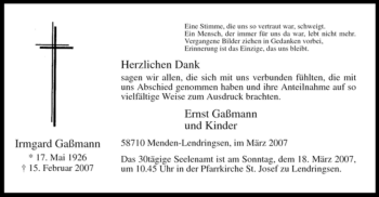 Traueranzeige von Irmgard Gaßmann von Tageszeitung