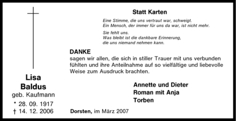  Traueranzeige für Lisa Baldus vom 12.03.2007 aus Tageszeitung