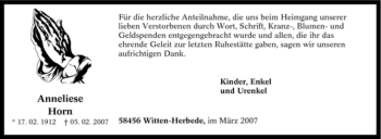 Traueranzeige von Anneliese Horn von Tageszeitung