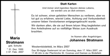 Traueranzeige von Maria Stratmann von Tageszeitung