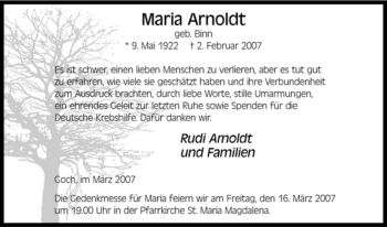 Traueranzeige von Maria Arnoldt von Tageszeitung