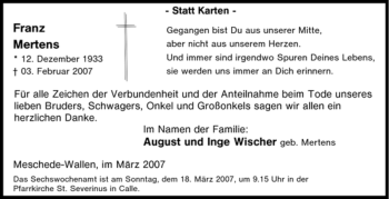 Traueranzeige von Franz Mertens von Tageszeitung
