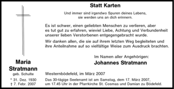 Traueranzeige von Maria Stratmann von Tageszeitung