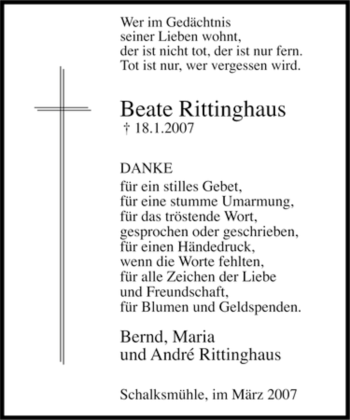Traueranzeige von Beate Rittinghaus von Tageszeitung