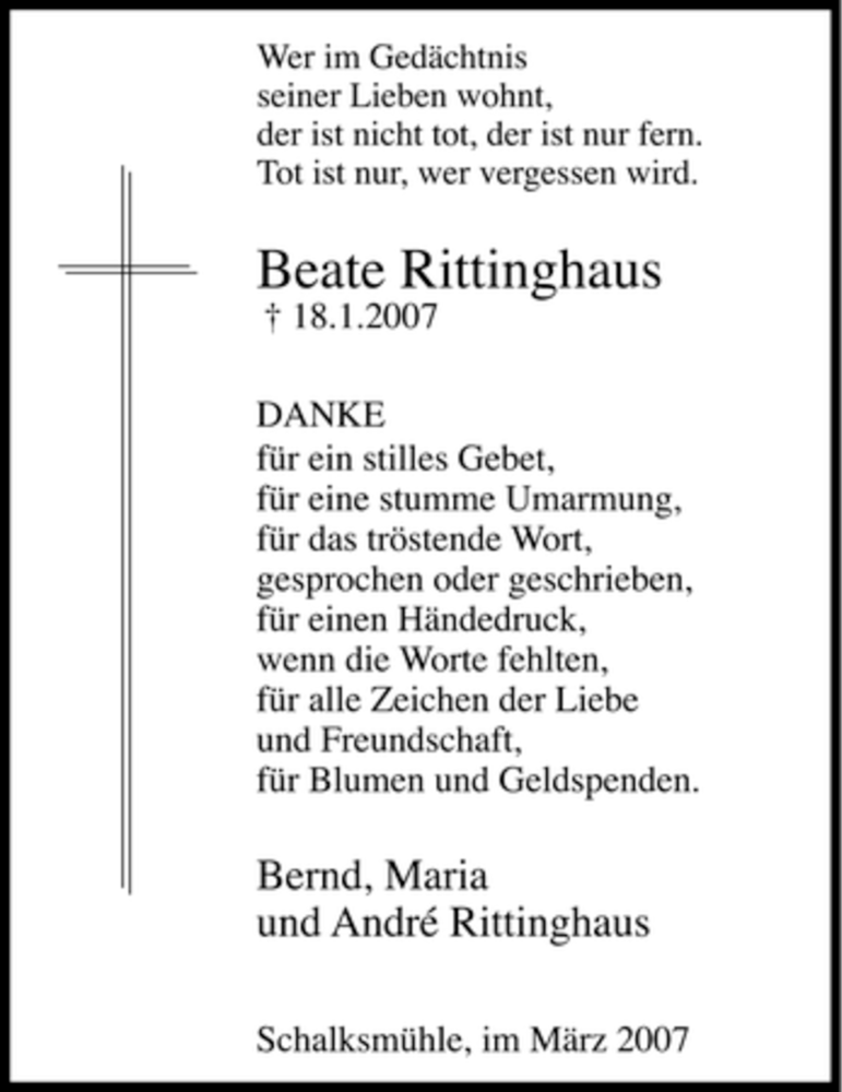  Traueranzeige für Beate Rittinghaus vom 12.03.2007 aus Tageszeitung
