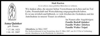 Traueranzeige von Anna Quinker von Tageszeitung