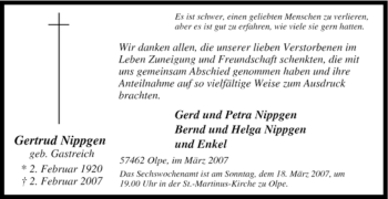 Traueranzeige von Gertrud Nippgen von Tageszeitung