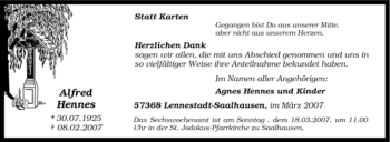 Traueranzeige von Alfred Hennes von Tageszeitung