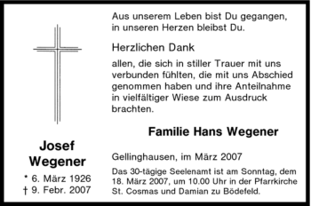 Traueranzeige von Josef Wegener von Tageszeitung