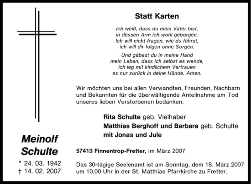  Traueranzeige für Meinolf Schulte vom 13.03.2007 aus Tageszeitung