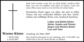 Traueranzeige von Werner Köster von Tageszeitung