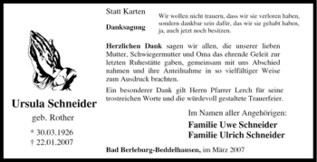 Traueranzeige von Ursula Schneider von Tageszeitung