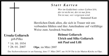 Traueranzeige von Ursula Goliarsch von Tageszeitung