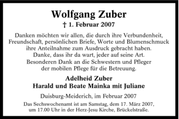 Traueranzeige von Wolfgang Zuber von Tageszeitung