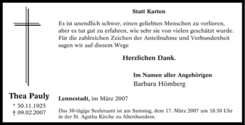 Traueranzeige von Thea Pauly von Tageszeitung
