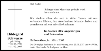 Traueranzeige von Hildegard Schwarze von Tageszeitung