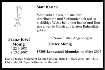 Traueranzeige von Franz-Josef Mönig von Tageszeitung