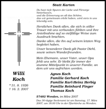 Traueranzeige von Willi Koch von Tageszeitung
