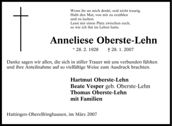 Traueranzeige von Anneliese Oberste-Lehn von Tageszeitung