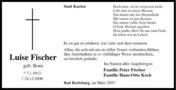 Traueranzeige von Luise Fischer von Tageszeitung