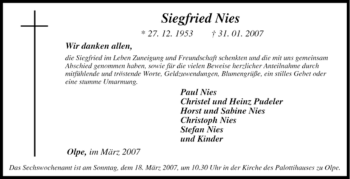 Traueranzeige von Siegfried Nies von Tageszeitung