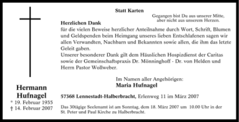 Traueranzeige von Hermann Hufnagel von Tageszeitung
